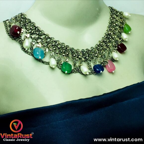 Multicolor Stones Choker Necklace, Silver Boho Choker With Pearls - Picture 7 of 9